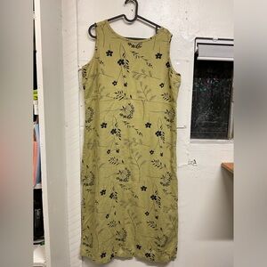 Vintage Uniform John Paul Richard  Green and Black Floral 100% Linen Ankle Dress